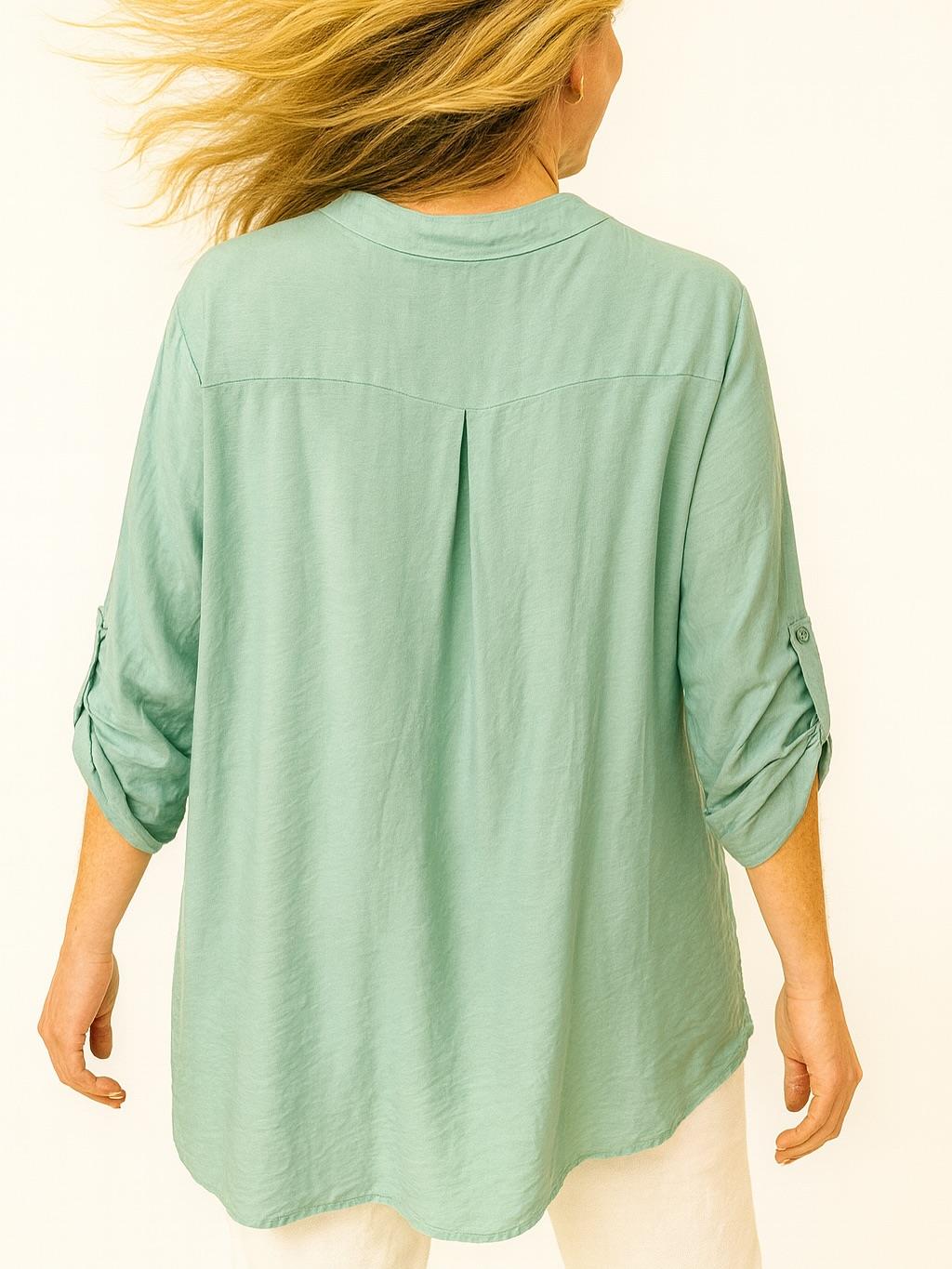 İtalyan Keten Varak Baskılı Bluz - SU YEŞİLİ