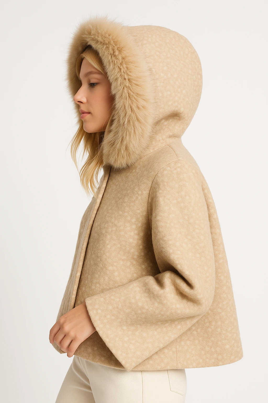 İtalyan Yaka Kürklü Kapüşonlu Keçe Ceket - BEJ