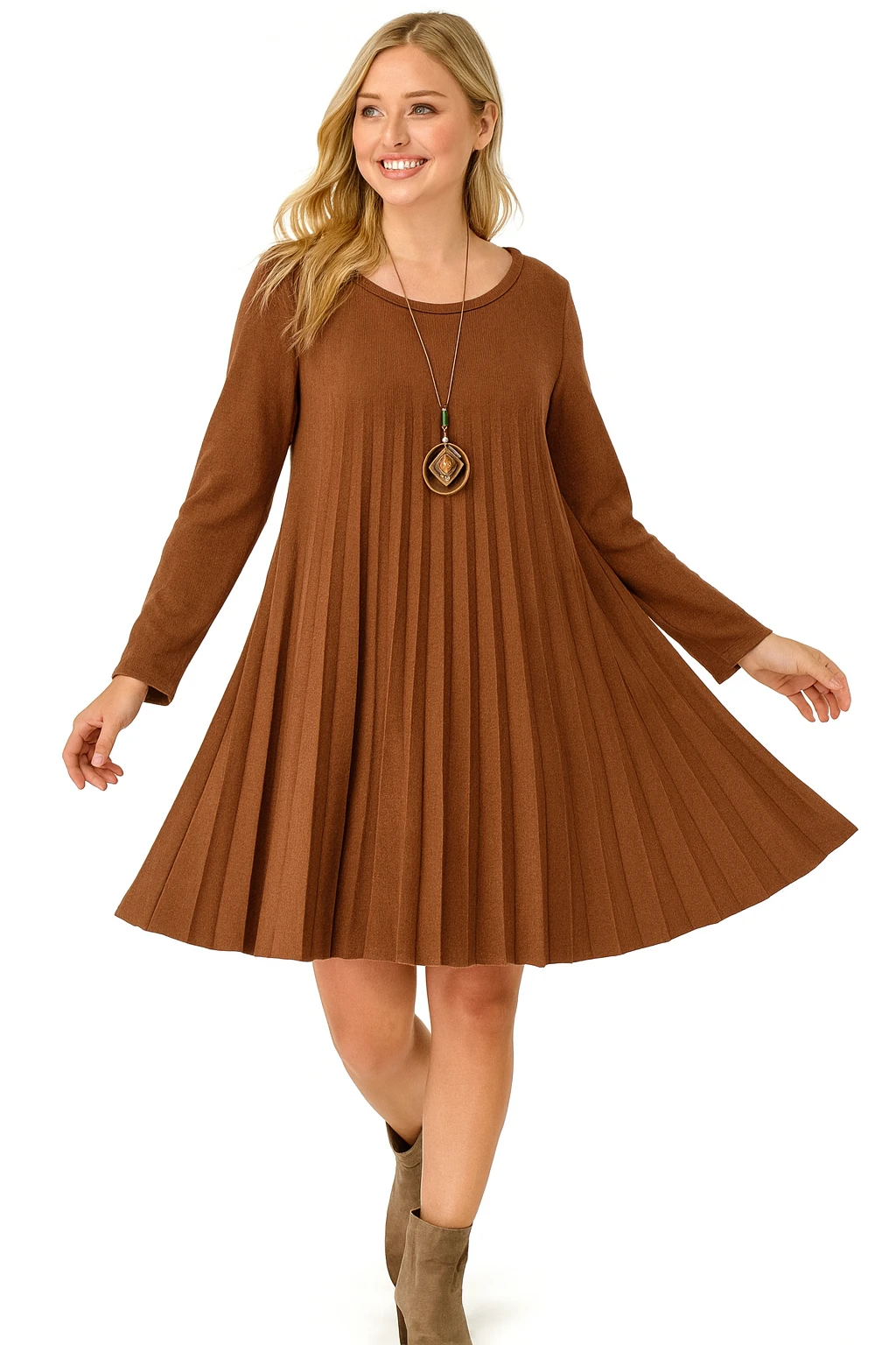 İtalyan Pileli Triko Elbise - KİREMİT