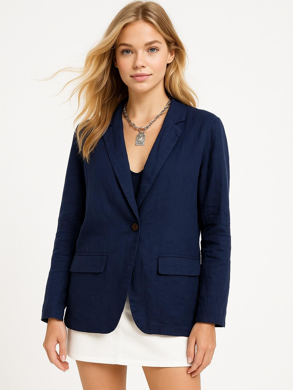 İtalyan Keten Düğmeli Ceket - LACİVERT