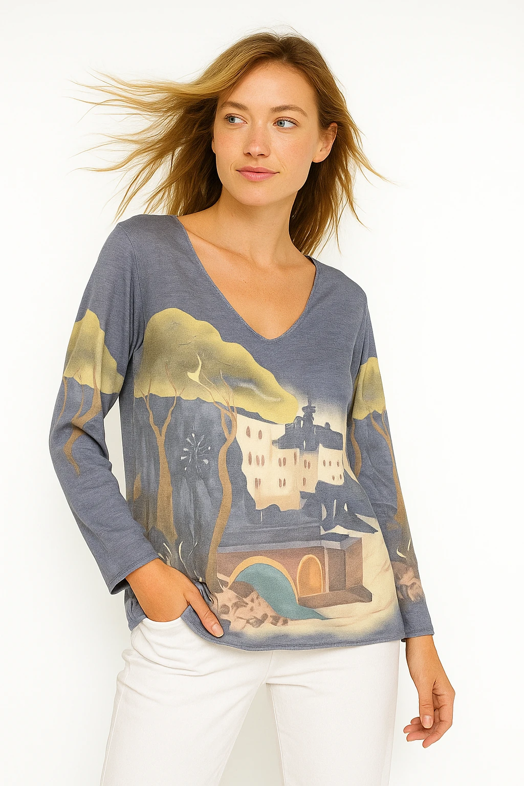 İtalyan Desenli V Yaka Triko Bluz - GRİ