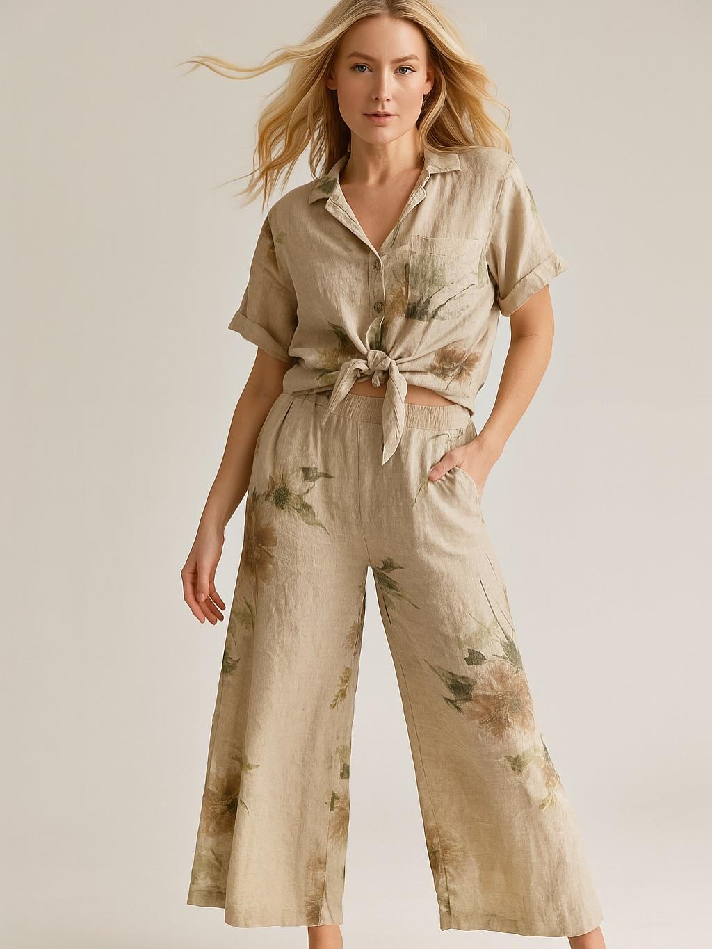 İtalyan Sırt Dantel Detaylı Keten Takım - BEJ