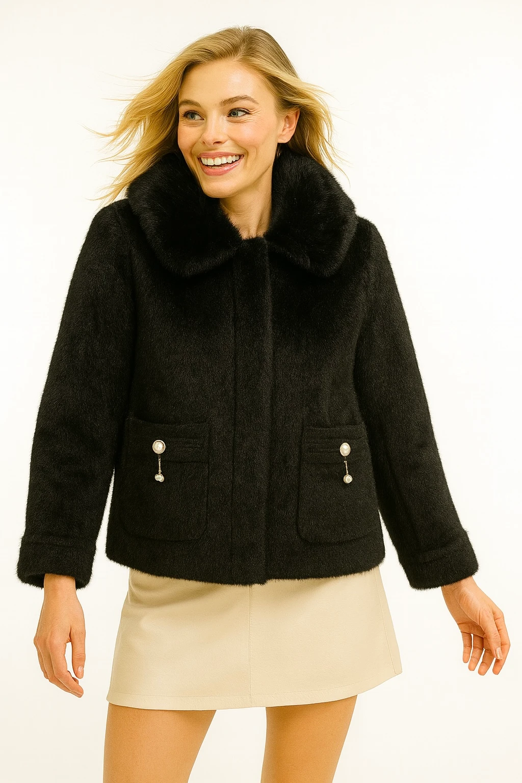 İtalyan Yaka kürklü Angora Ceket - SİYAH