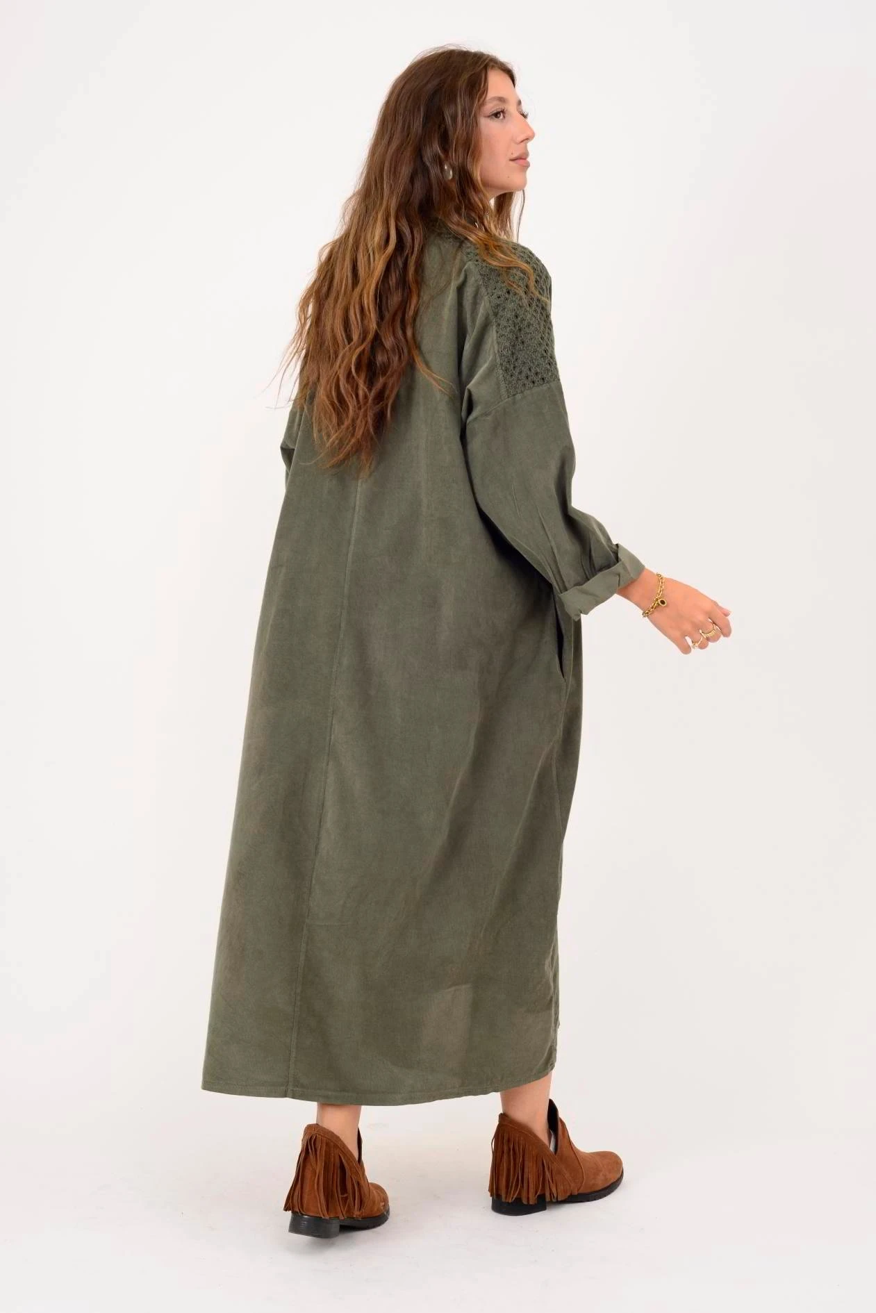 İtalyan Çiçek Kabartmalı Fisto Detaylı Kadife Elbise - HAKİ