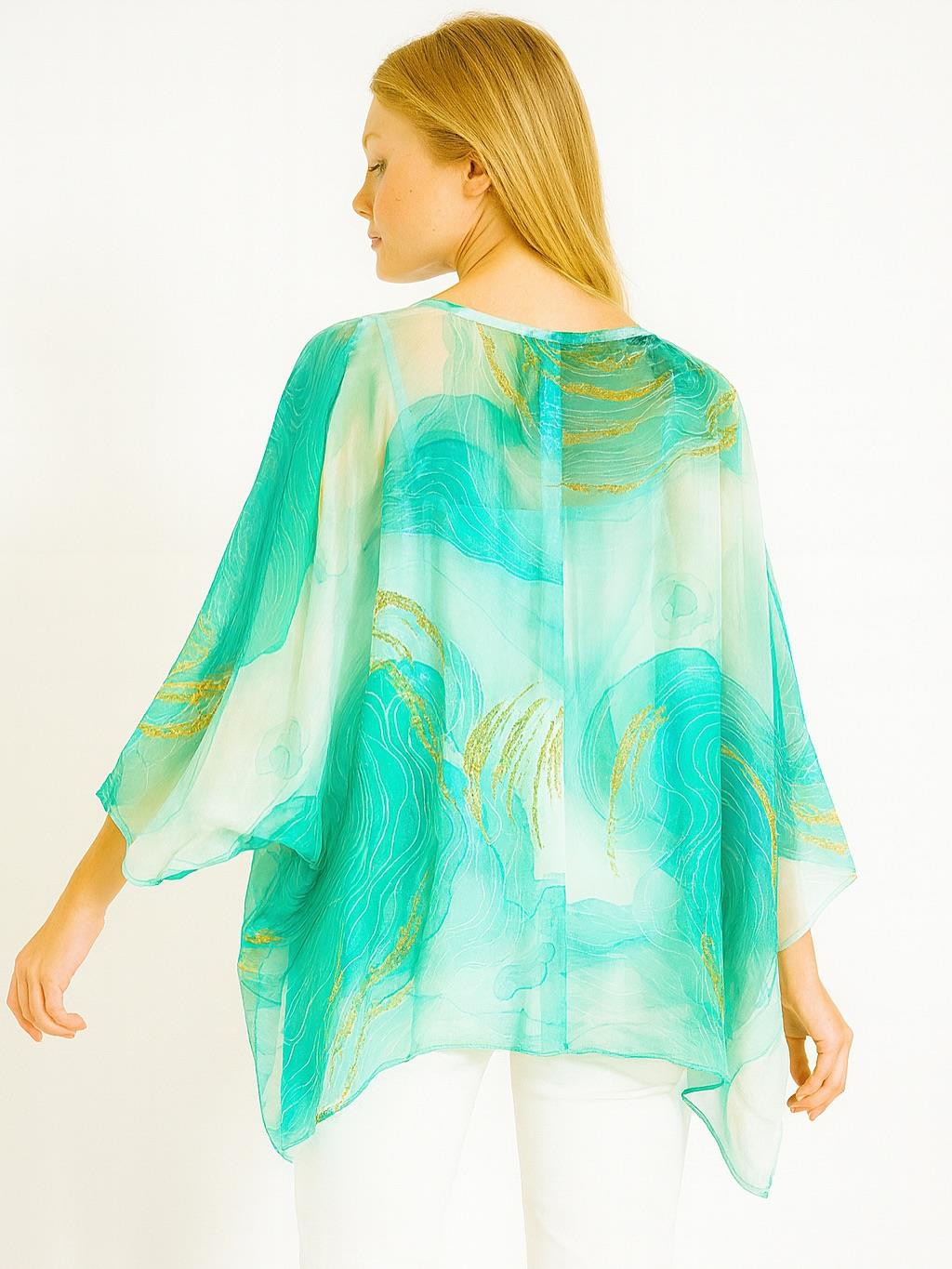 İtalyan Dalga Desen İpek Bluz - SU YEŞİLİ