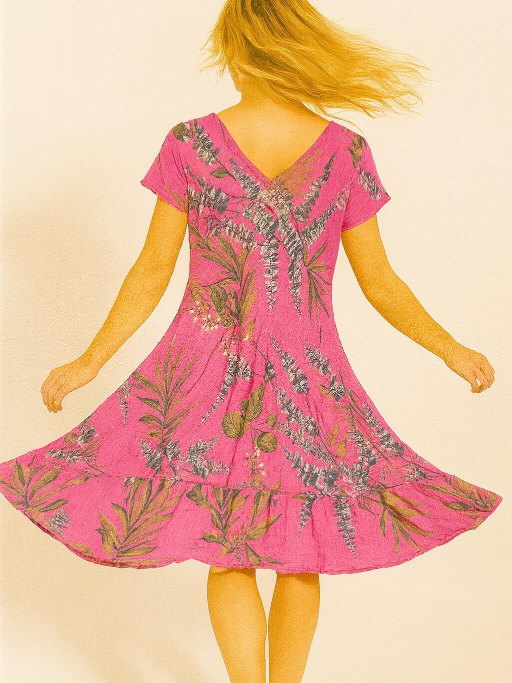 İtalyan Pamuk Keten Elbise - FUŞYA