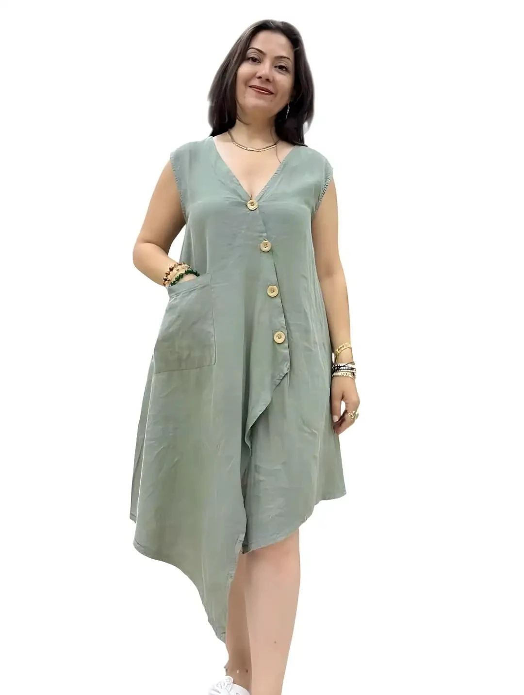 İtalyan Keten Tasarım Elbise - HAKİ