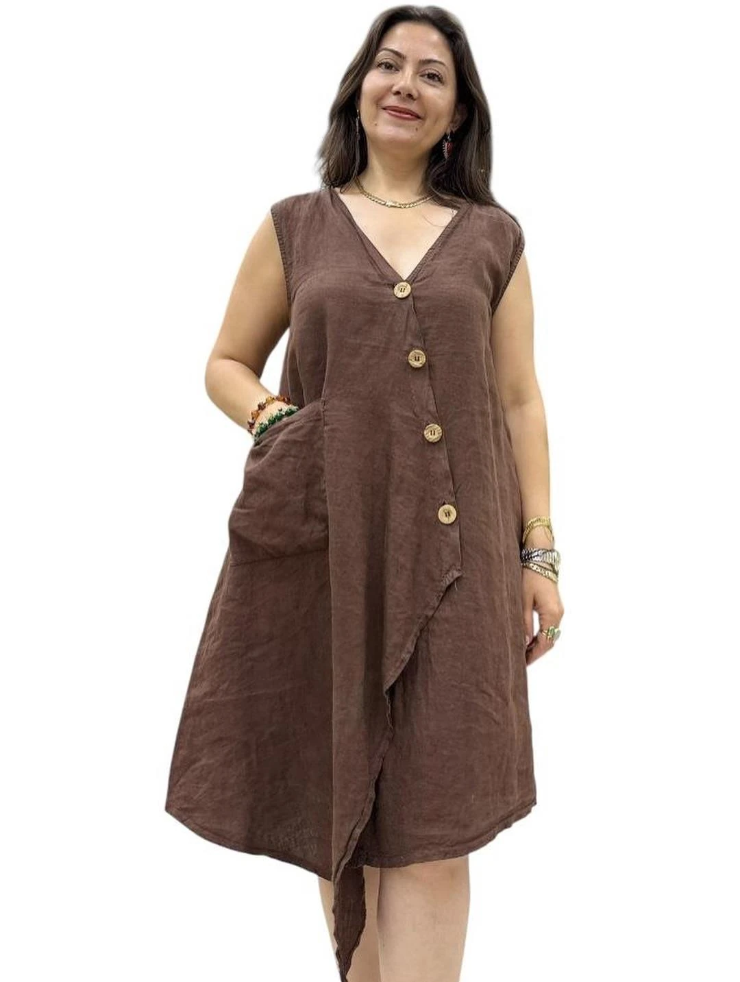İtalyan Keten Tasarım Elbise - KAHVERENGİ