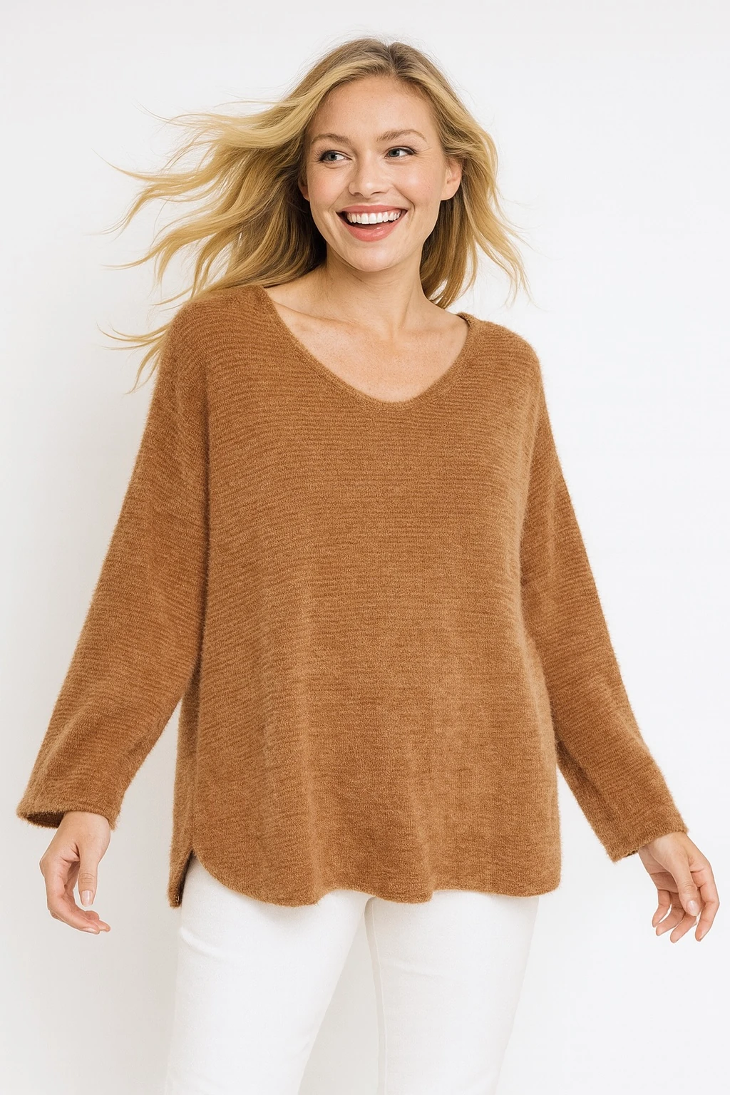 İtalyan V Yaka Kadife Bluz - TUĞLA