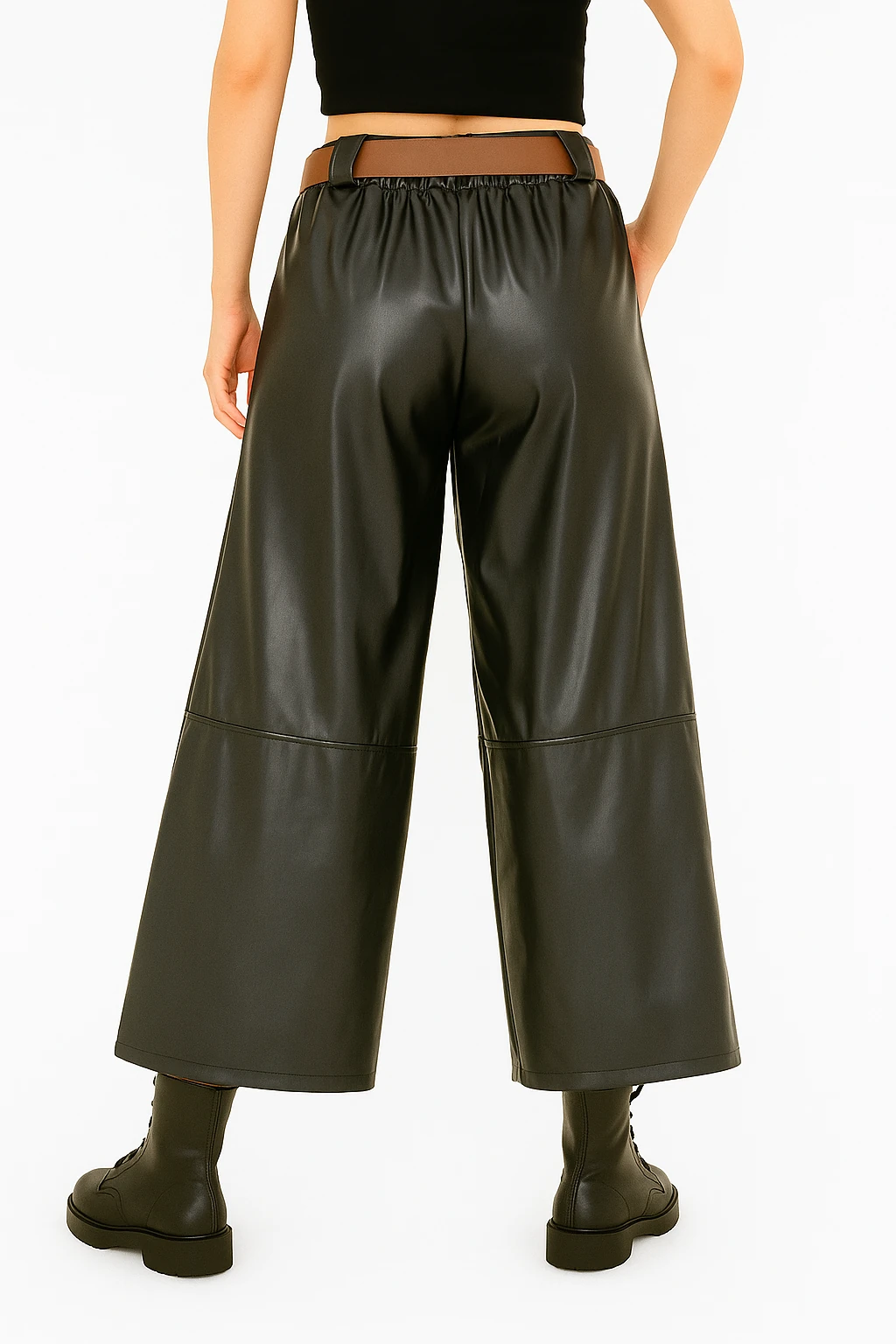 İtalyan Geniş Paça Deri Pantolon - SİYAH