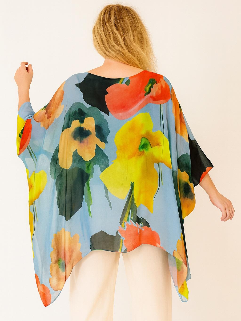 İtalyan Desenli İpek Bluz - MAVİ