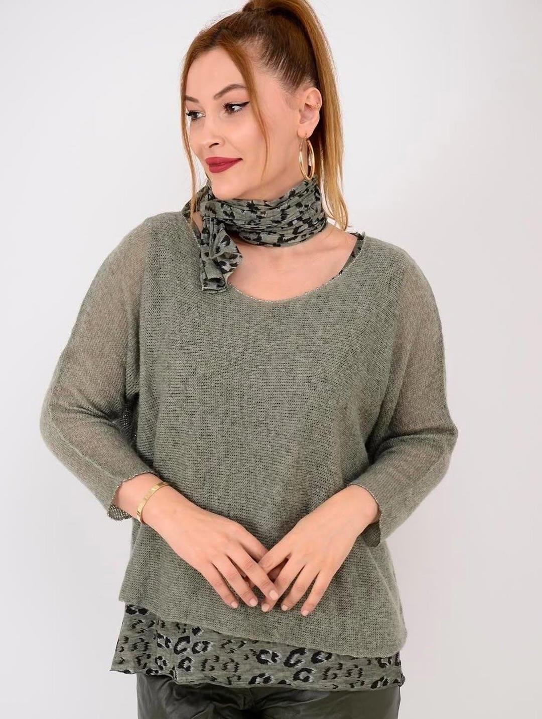 İtalyan Fularlı Triko Takım Bluz - HAKİ