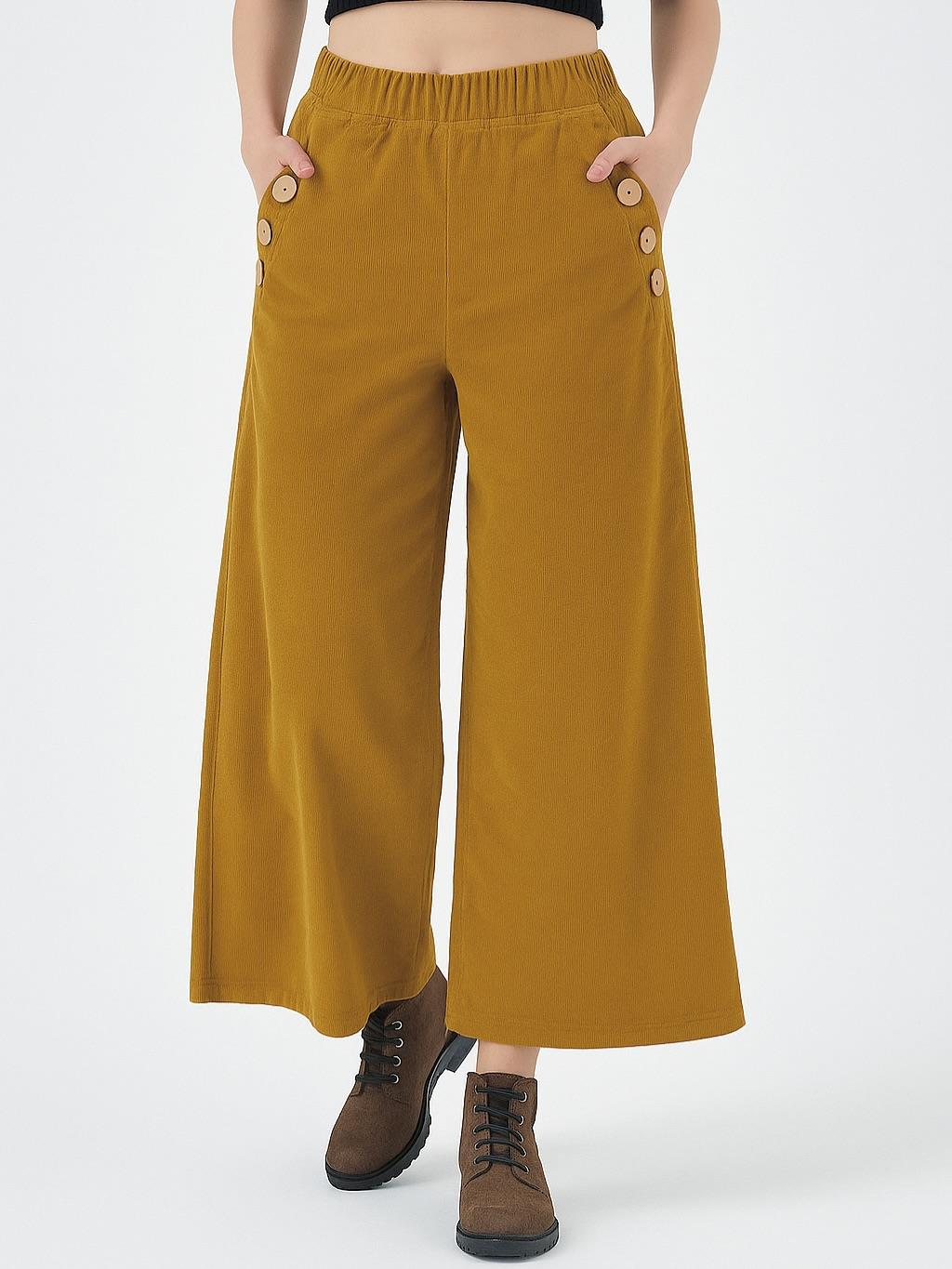 İtalyan Kadife Düğme Detaylı Pantolon - HARDAL
