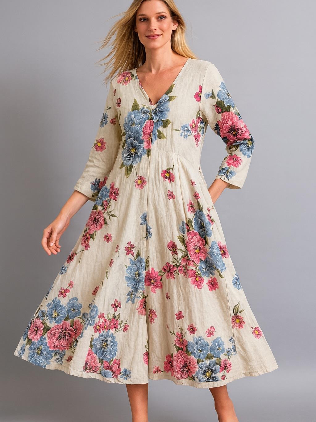 İtalyan Keten Çiçek Desenli Elbise - BEJ