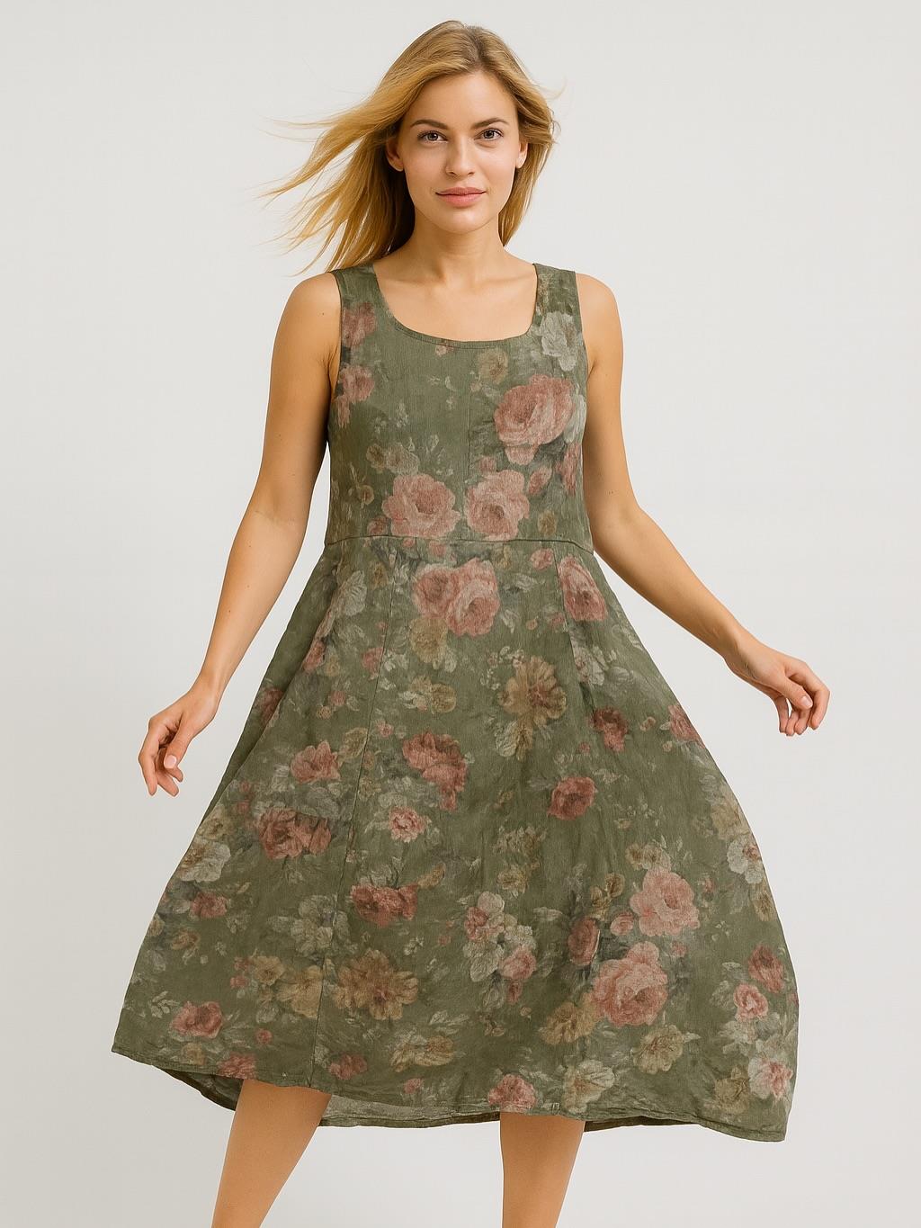 İtalyan Çiçek Desenli Keten Elbise - HAKİ