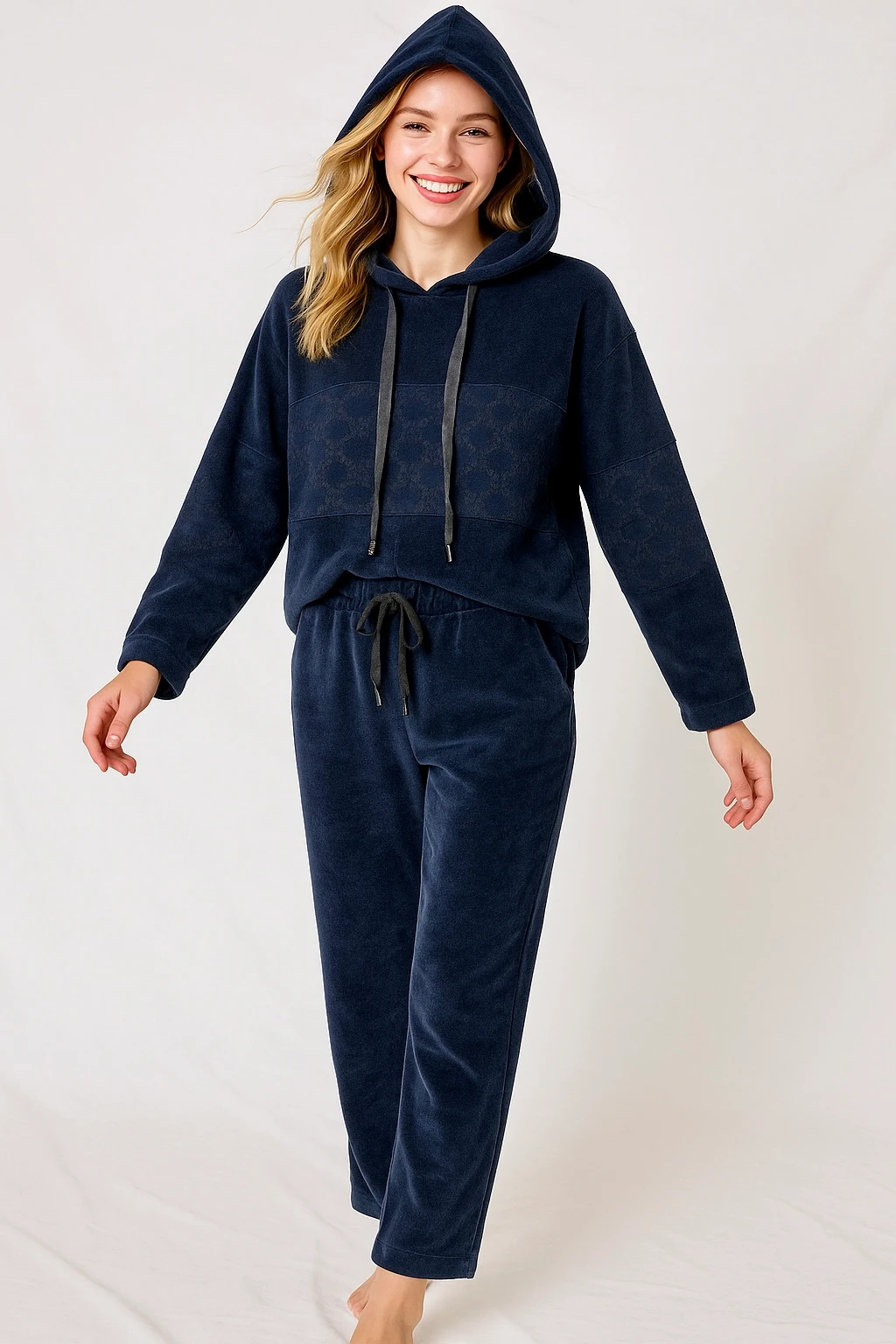 İtalyan Leopar Detaylı Kadife Takım - LACİVERT