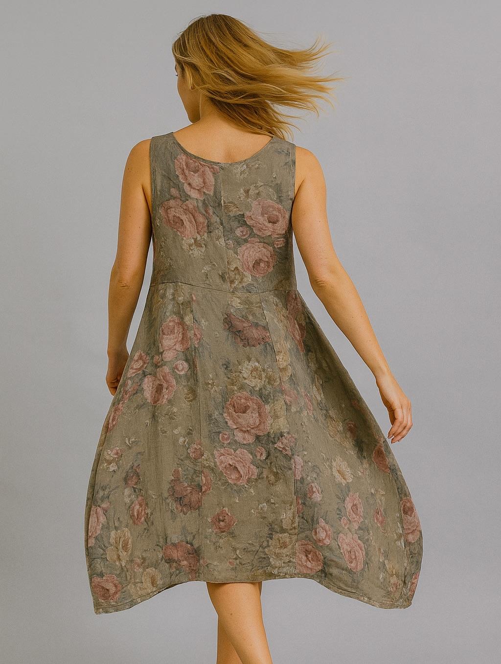 İtalyan Çiçek Desenli Keten Elbise - VİZON