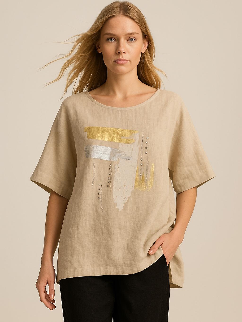 İtalyan Keten Desenli Bluz - BEJ
