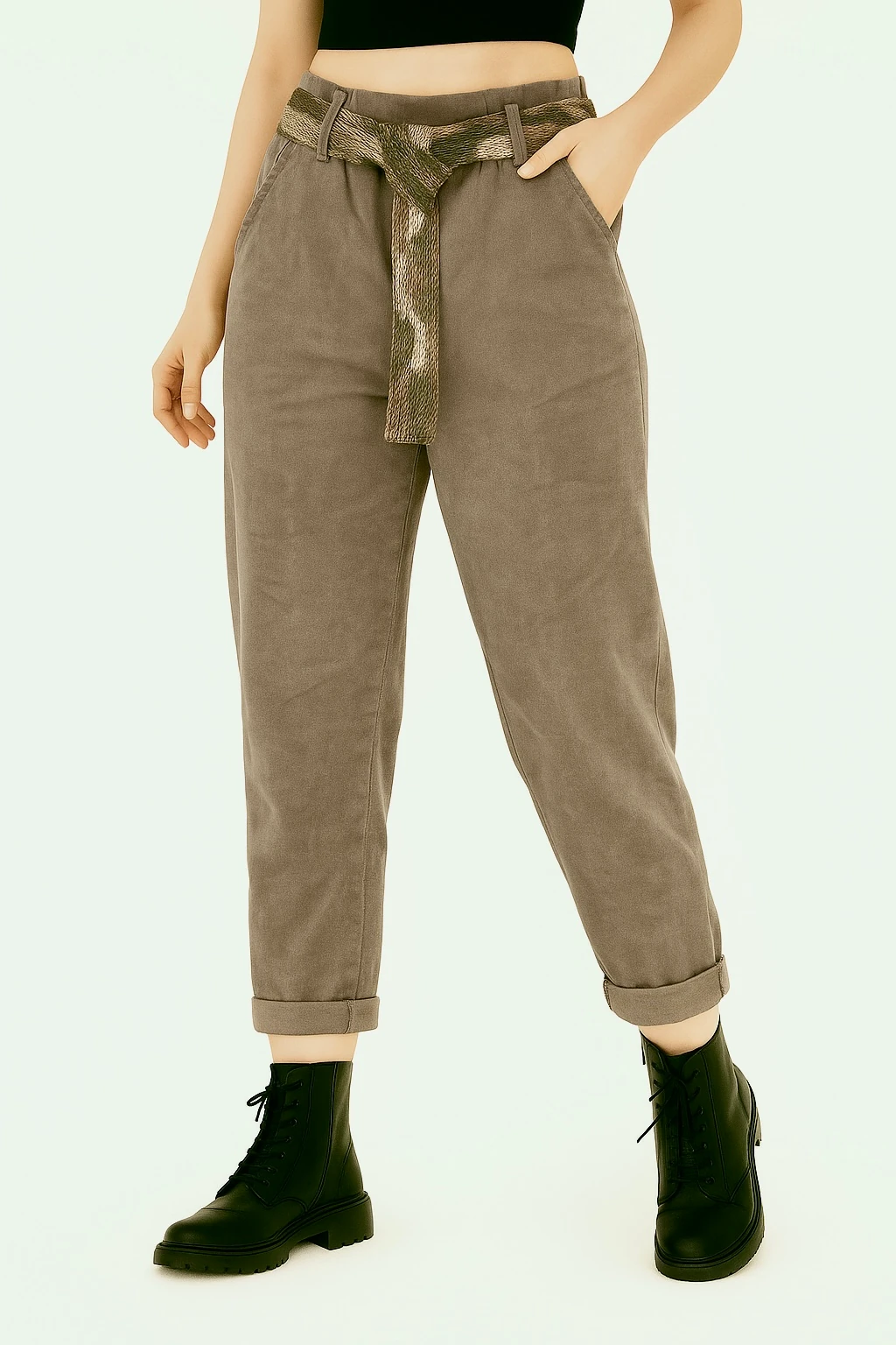 İtalyan Kamuflaj Kemerli Likralı Pantolon - VİZON