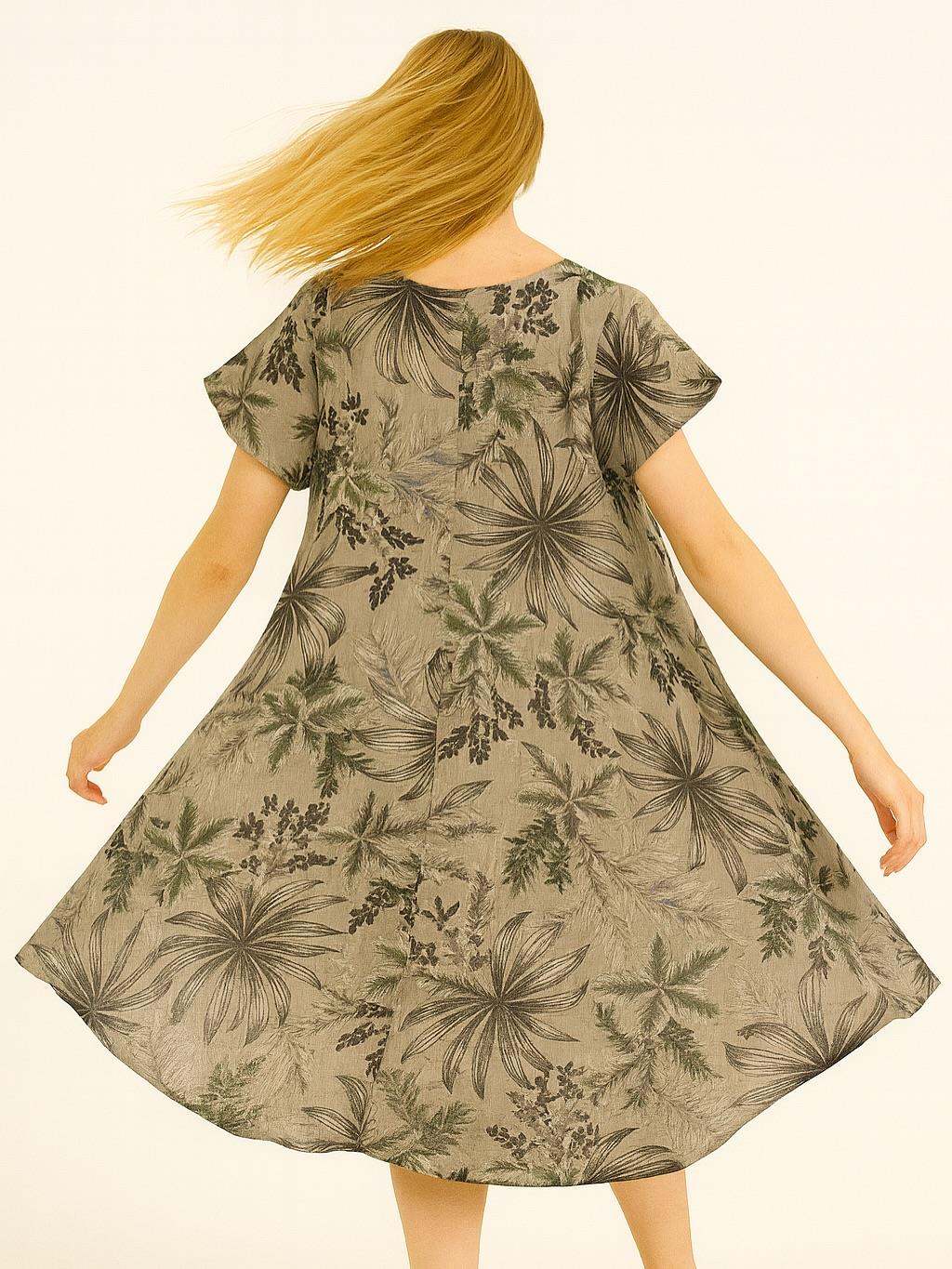 İtalyan Keten Yaprak Desen Elbise - VİZON