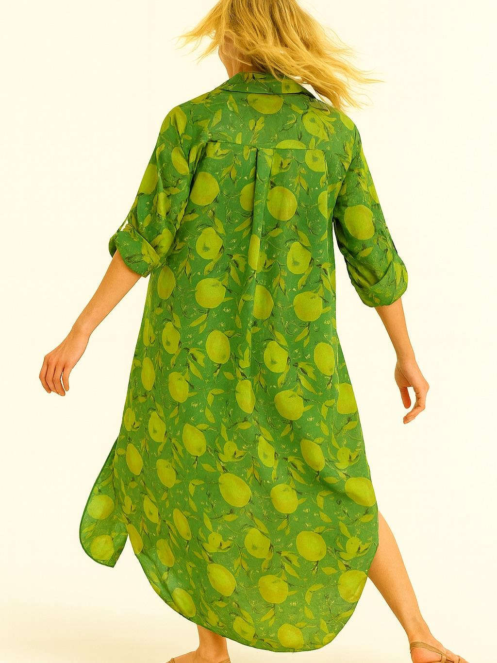 İtalyan Pamuk Limon Desen Elbise - YEŞİL