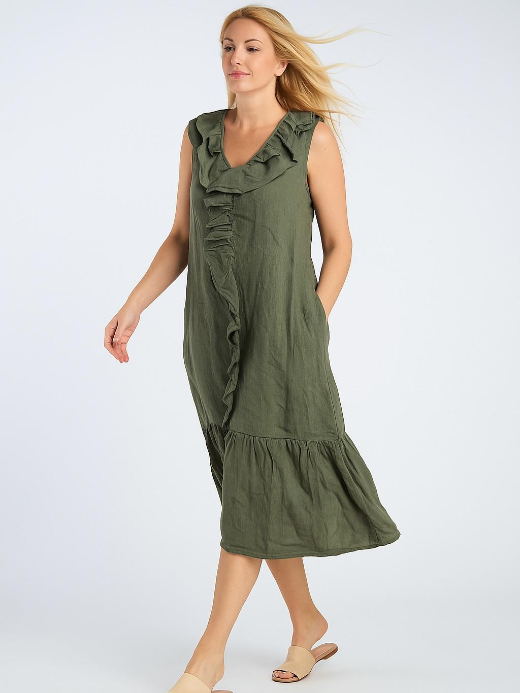 İtalyan Fırfır Detaylı Keten Elbise - HAKİ