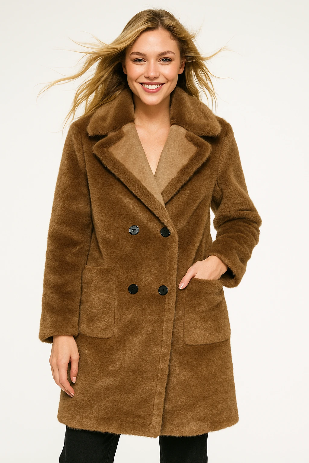 İtalyan Cep Detaylı Çift Taraflı Kürk - KAHVERENGİ