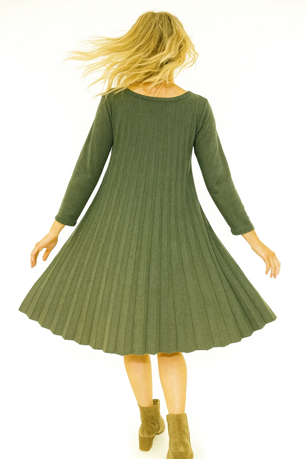 İtalyan Pileli Triko Elbise - HAKİ