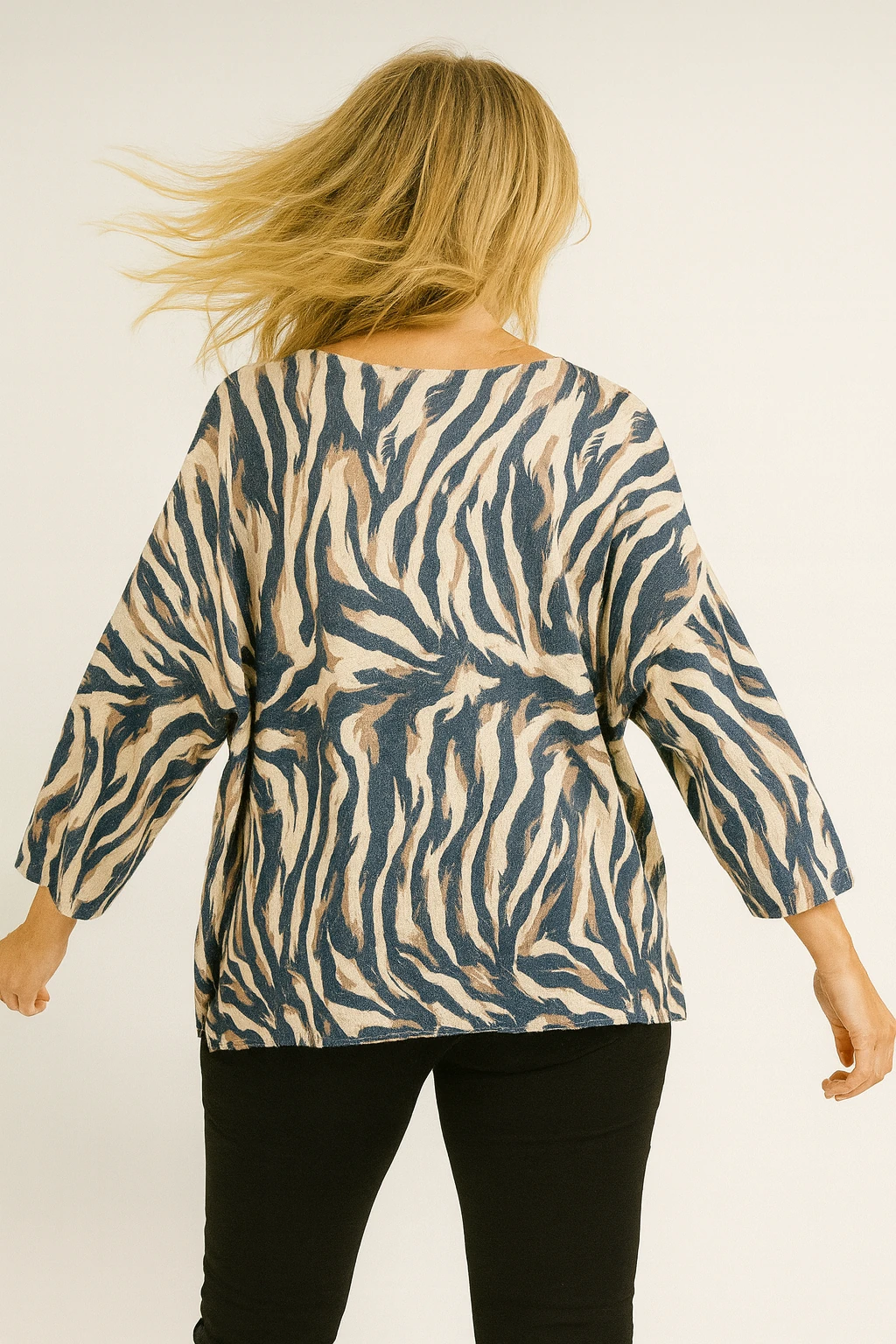 İtalyan Zebra Desen Triko Bluz - MAVİ