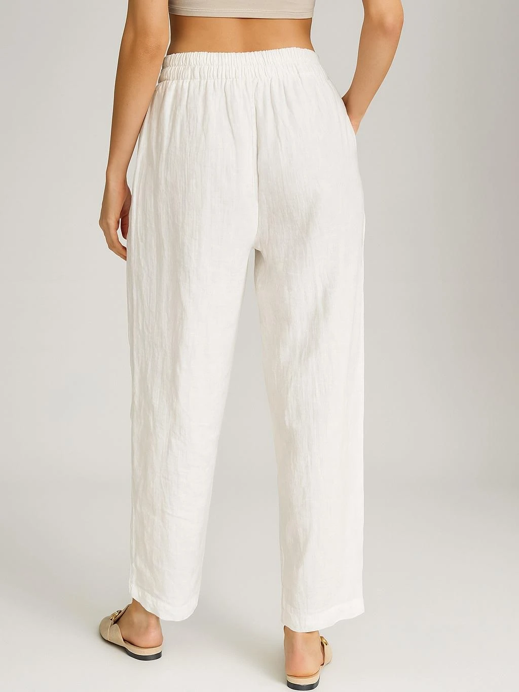 İtalyan Keten Düğme Detaylı Pantolon - BEYAZ