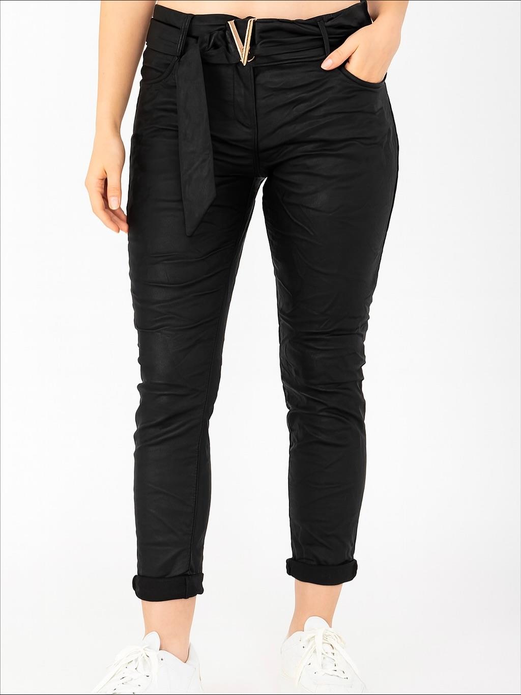 İtalyan Likralı Toka Detaylı Deri Pantolon - SİYAH