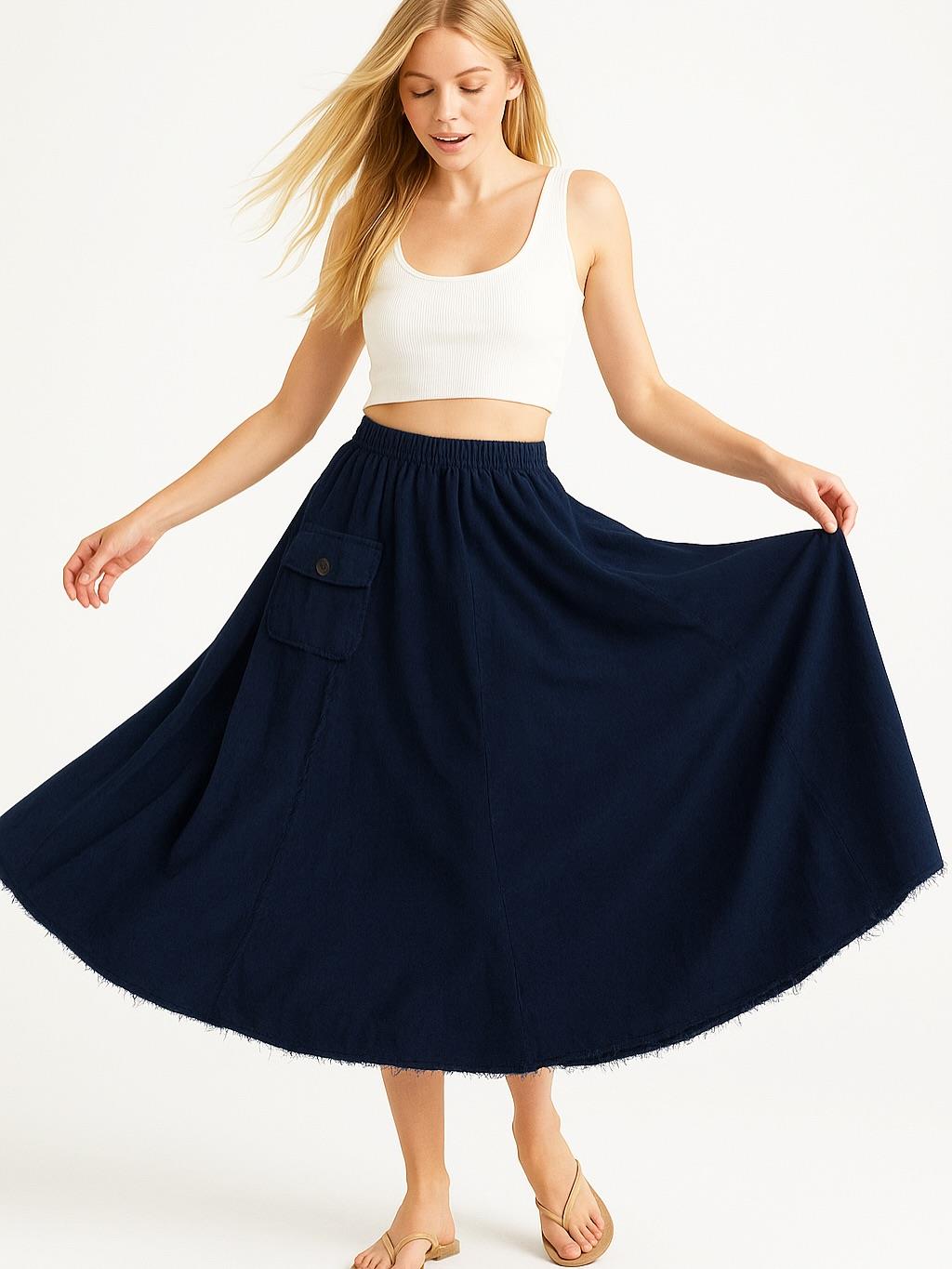İtalyan Kadife Cepli Etek - LACİVERT