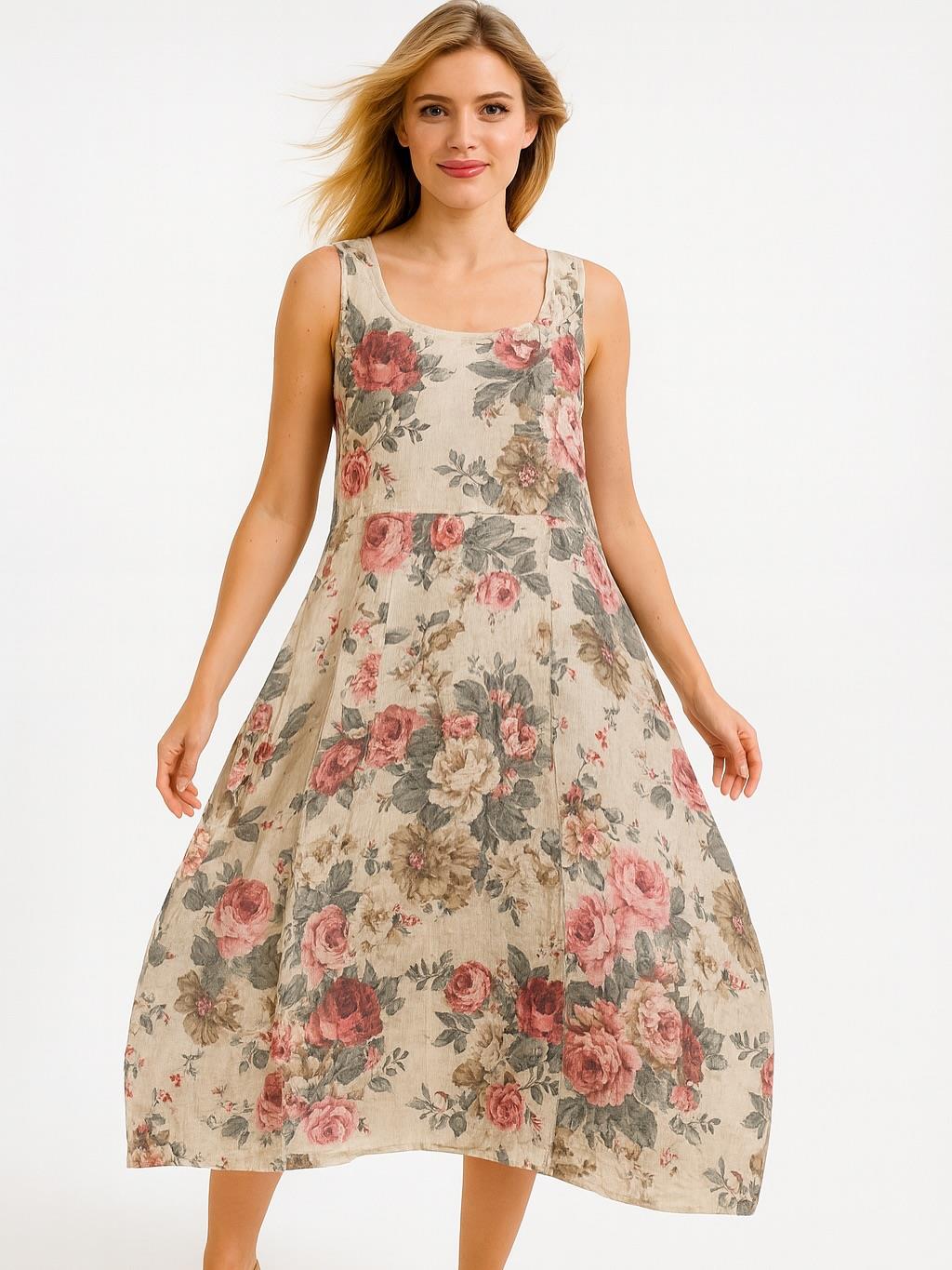 İtalyan Çiçek Desenli Keten Elbise - BEJ