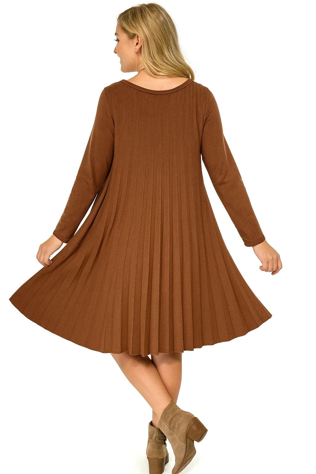 İtalyan Pileli Triko Elbise - KİREMİT