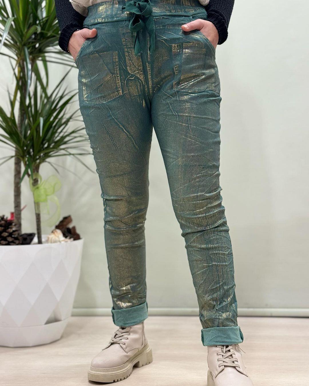 İtalyan Varak Baskılı Likralı Pantolon - SU YEŞİLİ