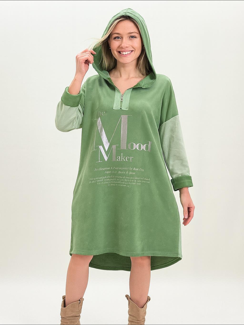 İtalyan Kapüşonlu Nubuk Elbise - YEŞİL