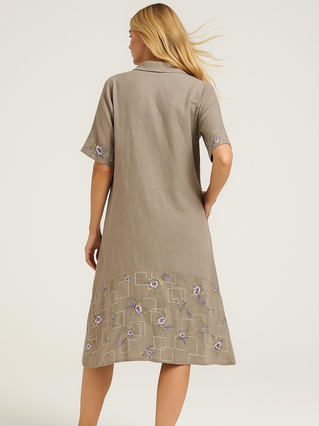 İtalyan Çiçek Desenli Keten Elbise - VİZON