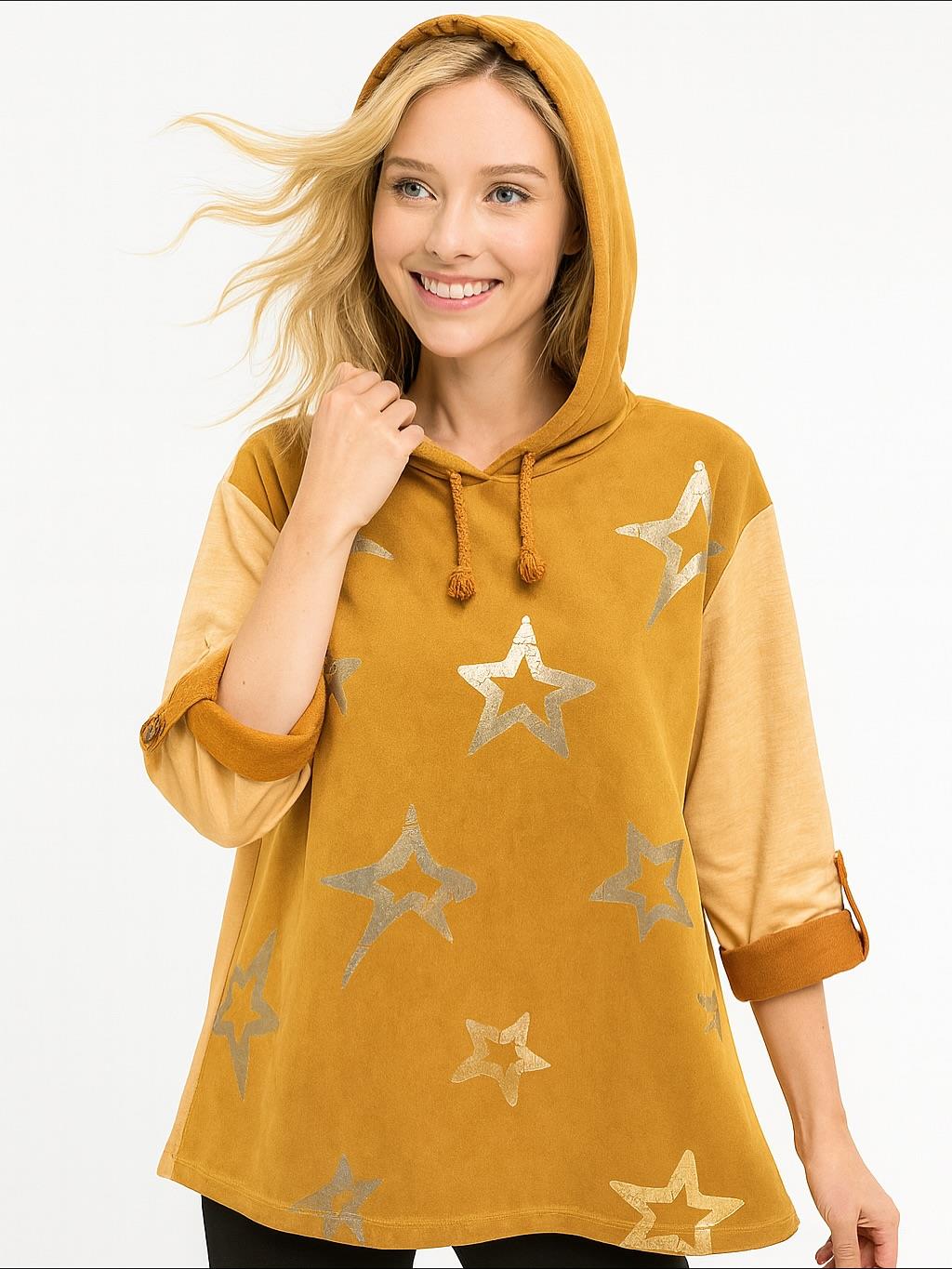 İtalyan Yıldız Desen Nubuk Bluz - HARDAL