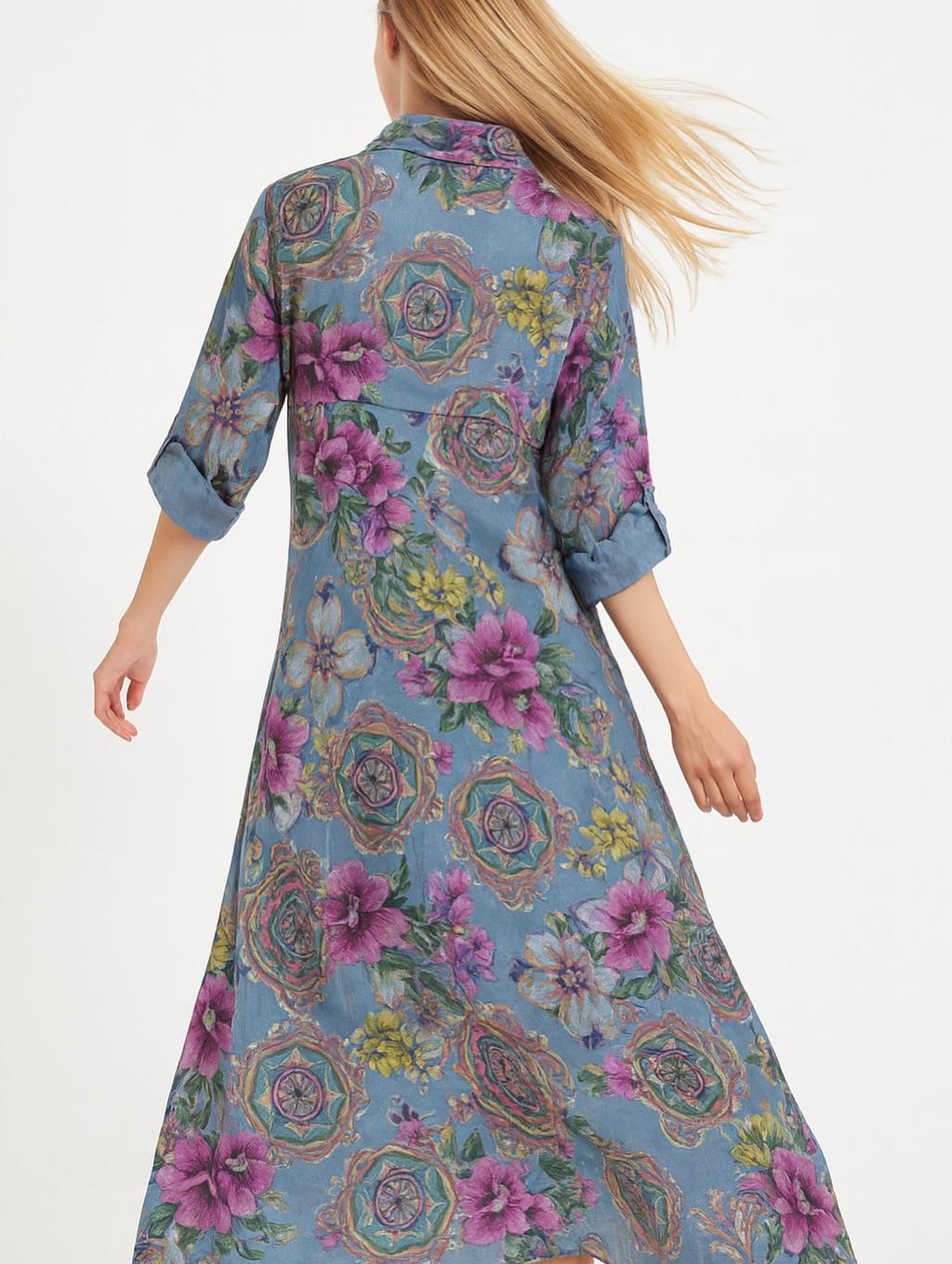 İtalyan Keten Çiçek Desenli Elbise - MAVİ