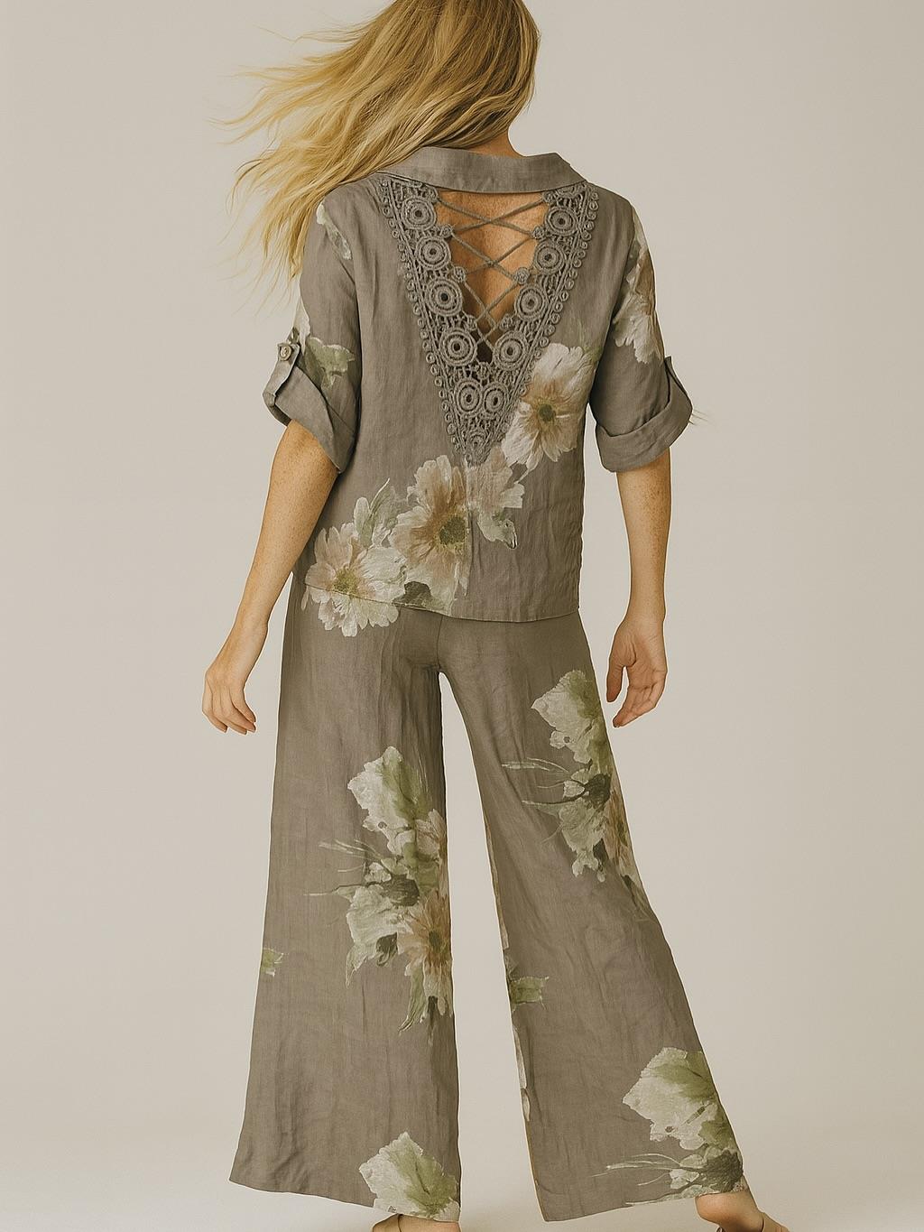 İtalyan Sırt Dantel Detaylı Keten Takım - VİZON