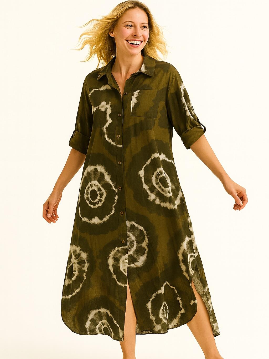 İtalyan Pamuk Dalga Desen Elbise - KAHVE