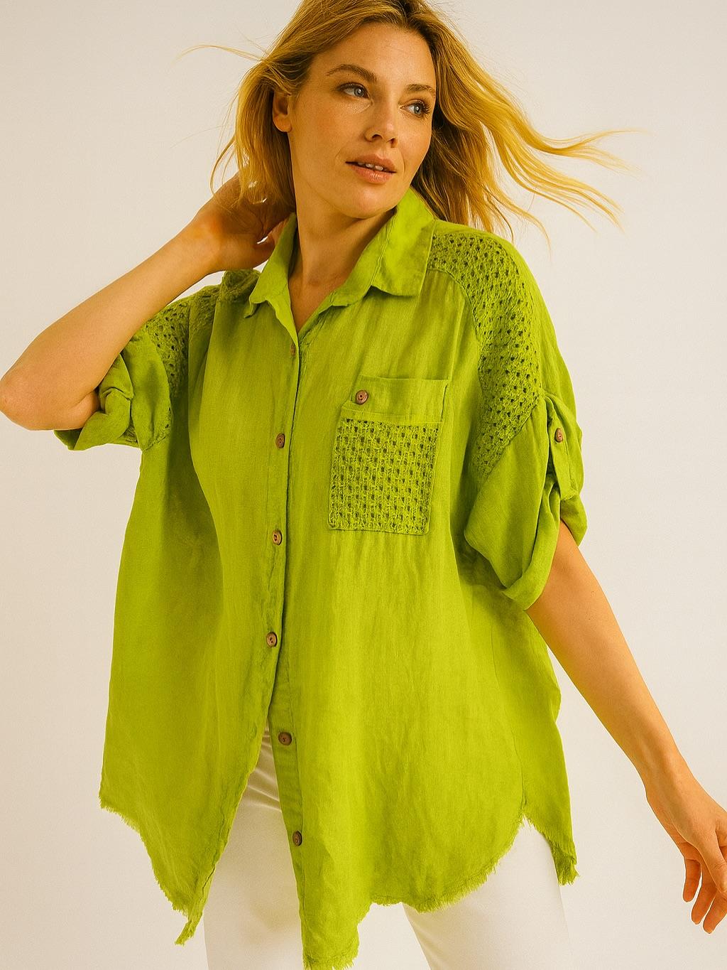 İtalyan Keten Dantel Detaylı Gömlek - YAĞ YEŞİLİ
