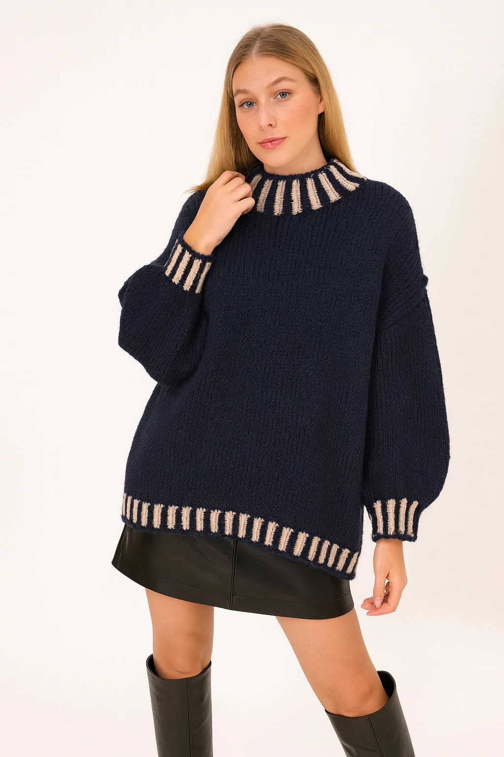 İtalyan Balıkçı Yaka Kazak - LACİVERT