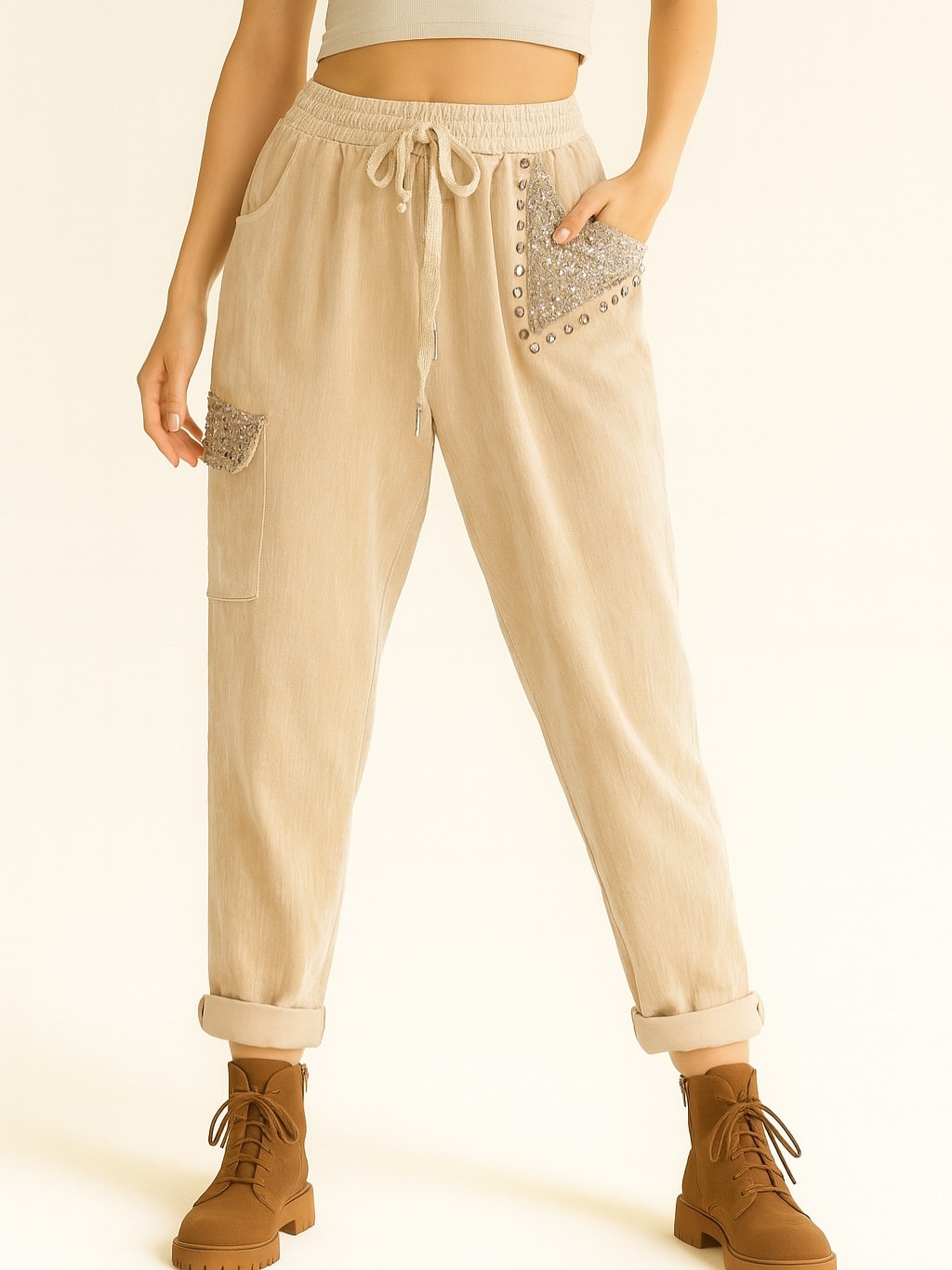 İtalyan  Tasarım Kadife Pantolon - BEJ