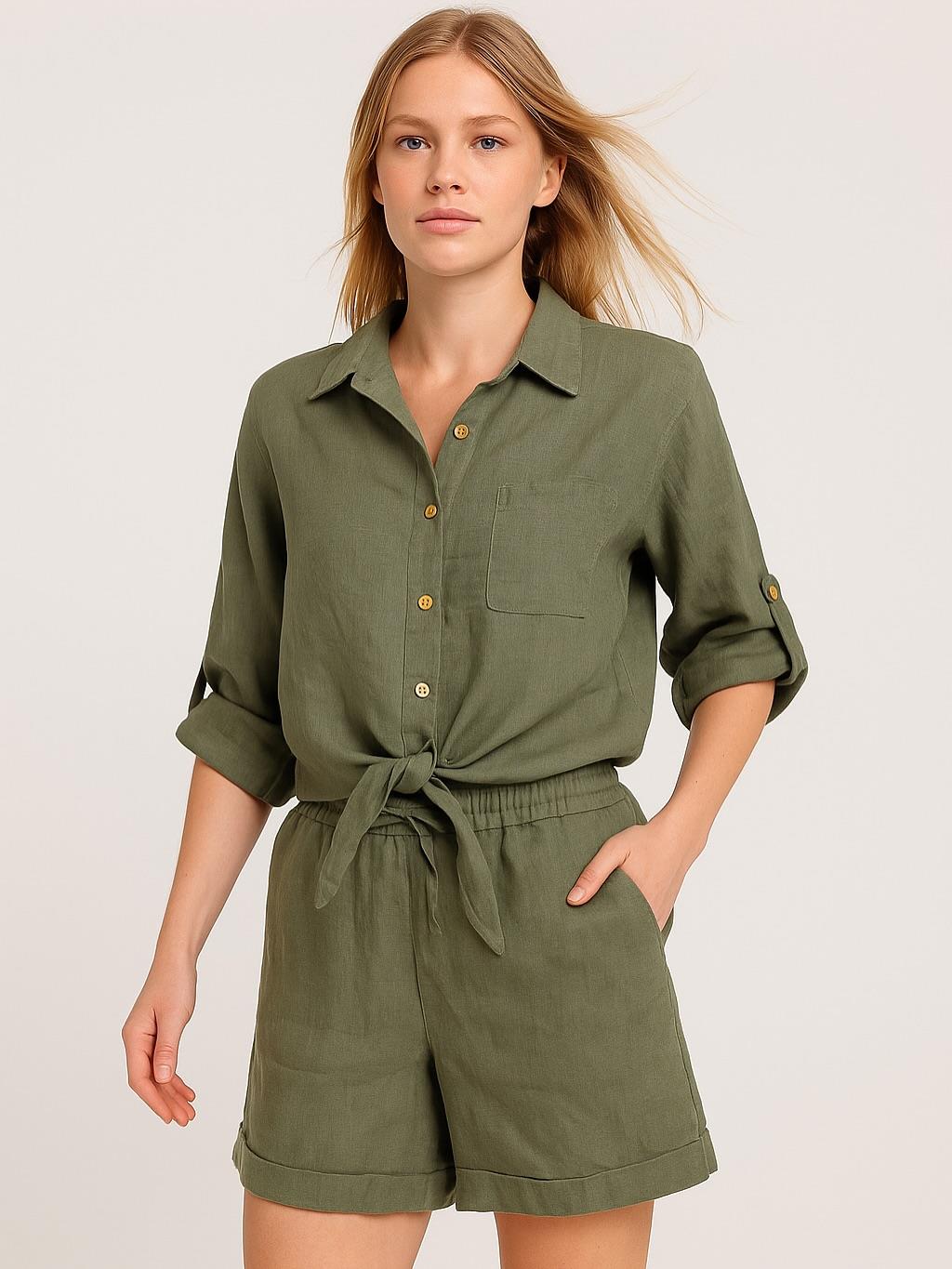 İtalyan Keten Şort Takım - HAKİ