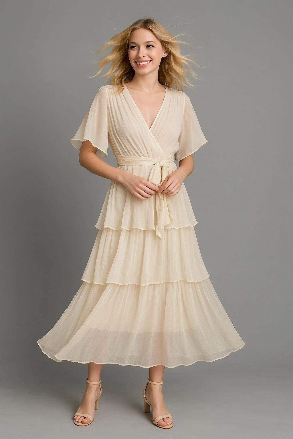 İtalyan İpek Belden Bağlamalı Elbise - BEJ