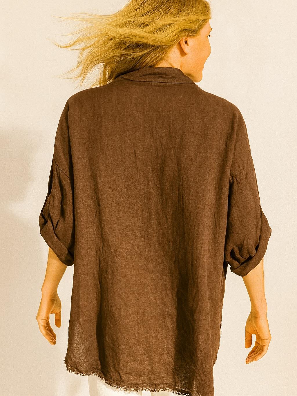 İtalyan Keten Dantel Detaylı Gömlek - KAHVERENGİ