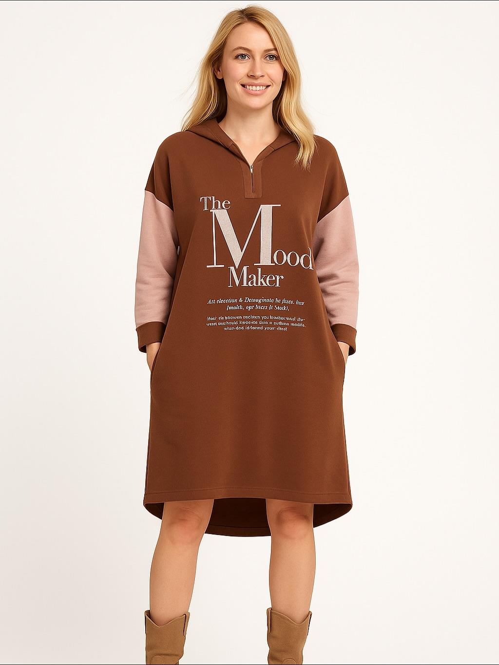 İtalyan Kapüşonlu Nubuk Elbise - KOYU KAHVE
