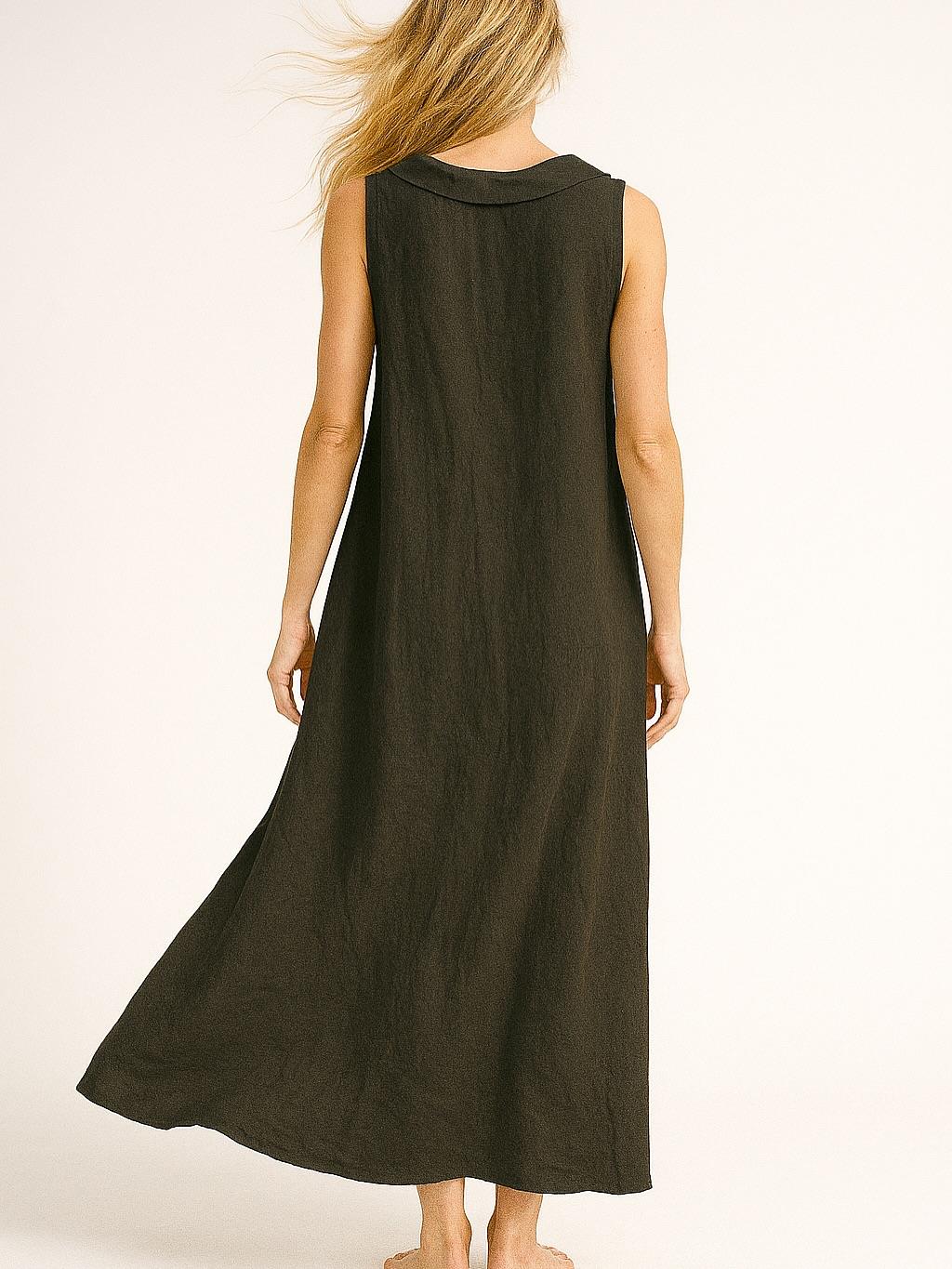 İtalyan Yaka Detaylı Keten Elbise - SİYAH