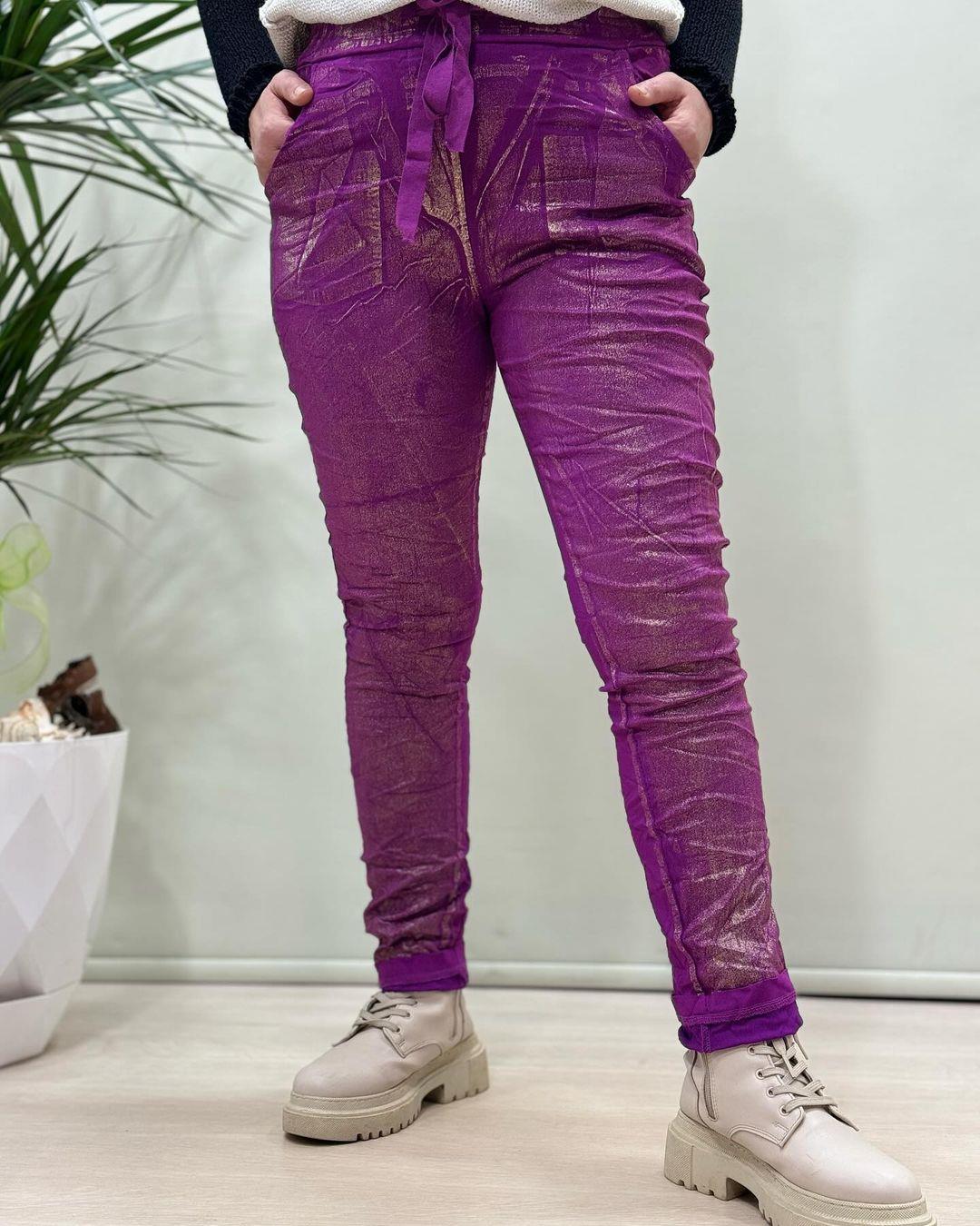 İtalyan Varak Baskılı Likralı Pantolon - FUŞYA